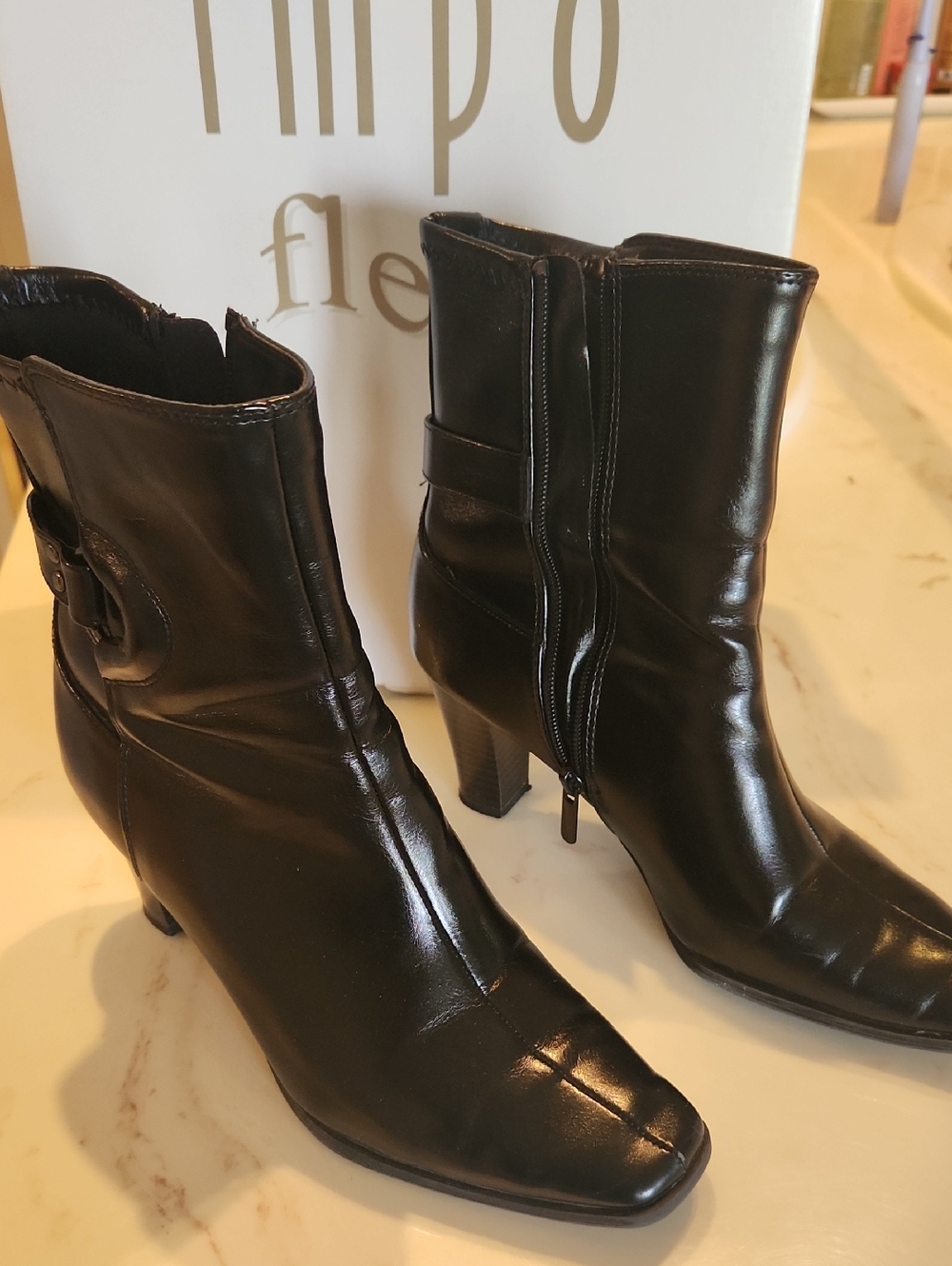 Mid-Calf Black Leather Women's Heeled Boots